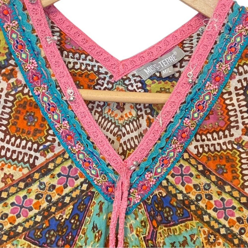 Miss Terre Boho Poncho/ShawlTop M/L Embellished  Cotton Fringe Festival Hippie - Picture 4 of 10